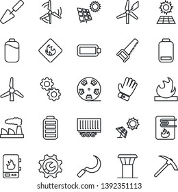 Thin Line Icon Set - airport tower vector, factory, trowel, glove, saw, sickle, truck trailer, flammable, reel, battery, low, root setup, sun panel, windmill, water heater, gear, hard work