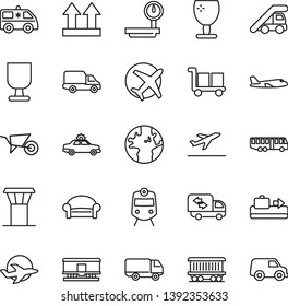 Thin Line Icon Set - airport tower vector, departure, baggage conveyor, bus, train, waiting area, alarm car, ladder, plane, wheelbarrow, ambulance, earth, railroad, delivery, fragile, cargo, moving