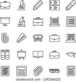 Thin Line Icon Set - airport bus vector, checkroom, book, graduate, abacus, presentation board, microscope, calculator, case, paper clip, pencil, stapler
