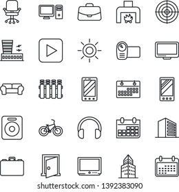 Thin Line Icon Set - airport building vector, mobile phone, office, chair, case, calendar, sun, bike, tv, video camera, headphones, monitor, speaker, play button, target, cushioned furniture, pc