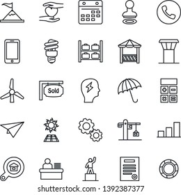 Thin Line Icon Set - airport tower vector, umbrella, phone, stamp, luggage storage, mobile, pedestal, calculator, brainstorm, heart hand, calendar, bar graph, manager desk, contract, windmill, crane