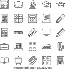 Thin Line Icon Set - airport bus vector, checkroom, book, calculator, graduate, abacus, presentation board, microscope, case, paper clip, pencil, stapler