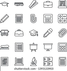 Thin Line Icon Set - airport bus vector, checkroom, calculator, graduate, abacus, presentation board, microscope, case, paper clip, pencil, stapler