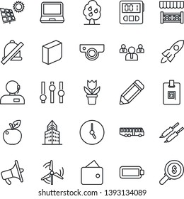 Thin Line Icon Set - airport bus vector, team, pencil, flower in pot, loudspeaker, settings, laptop pc, clock, stopwatch, mute, battery, office building, identity card, blank box, support, sun panel