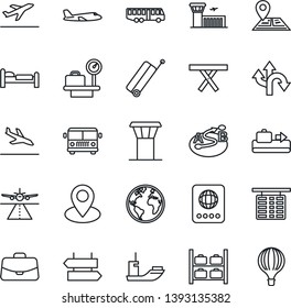 Thin Line Icon Set - airport tower vector, runway, suitcase, departure, arrival, baggage conveyor, bus, signpost, passport, bed, plane, flight table, luggage storage, scales, building, case, picnic