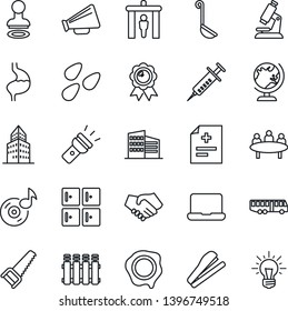 Thin Line Icon Set - airport bus vector, security gate, stamp, globe, checkroom, medal, meeting, saw, seeds, diagnosis, syringe, microscope, stomach, loudspeaker, torch, music, office building, idea