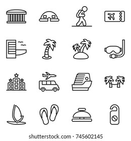 thin line icon set : airport building, dome house, tourist, ticket, hotel, palm, island, diving mask, transfer, cruise ship, hammock, windsurfing, flip flops, service bell, do not distrub