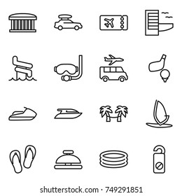 thin line icon set : airport building, car baggage, ticket, hotel, aquapark, diving mask, transfer, golf, jet ski, yacht, palm hammock, windsurfing, flip flops, service bell, inflatable pool