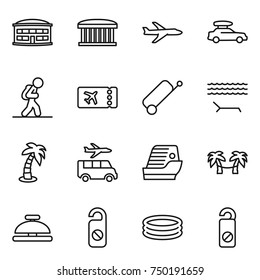 thin line icon set : airport building, plane, car baggage, tourist, ticket, suitcase, lounger, palm, transfer, cruise ship, hammock, service bell, do not distrub, inflatable pool