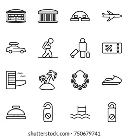 thin line icon set : airport building, dome house, plane, car baggage, tourist, passenger, ticket, hotel, island, hawaiian wreath, jet ski, service bell, do not distrub, pool