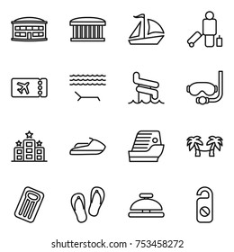 thin line icon set : airport building, sail boat, passenger, ticket, lounger, aquapark, diving mask, hotel, jet ski, cruise ship, palm hammock, inflatable mattress, flip flops, service bell