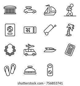 Thin line icon set : airport building, car baggage, sail boat, tourist, passport, ticket, suitcase, palm, hawaiian wreath, transfer, yacht, inflatable mattress, flip flops, service bell
