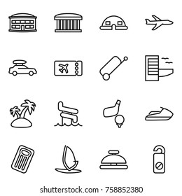Thin line icon set : airport building, dome house, plane, car baggage, ticket, suitcase, hotel, island, aquapark, golf, jet ski, inflatable mattress, windsurfing, service bell, do not distrub