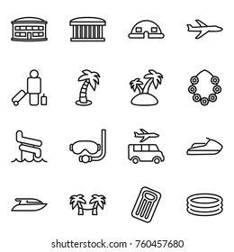 Thin line icon set : airport building, dome house, plane, passenger, palm, island, hawaiian wreath, aquapark, diving mask, transfer, jet ski, yacht, hammock, inflatable mattress, pool
