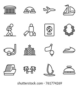 Thin line icon set : airport building, dome house, plane, sail boat, tourist, passenger, passport, hawaiian wreath, diving mask, hotel, golf, jet ski, cruise ship, palm hammock, windsurfing