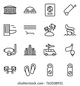 Thin line icon set : airport building, dome house, passport, suitcase, hotel, lounger, island, aquapark, diving mask, transfer, golf, palm hammock, flip flops, do not distrub