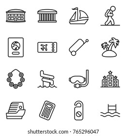 Thin line icon set : airport building, sail boat, tourist, passport, ticket, suitcase, island, hawaiian wreath, aquapark, diving mask, hotel, cruise ship, inflatable mattress, do not distrub, pool