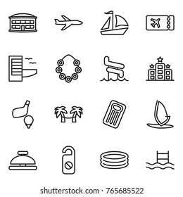 Thin line icon set : airport building, plane, sail boat, ticket, hotel, hawaiian wreath, aquapark, golf, palm hammock, inflatable mattress, windsurfing, service bell, do not distrub, pool
