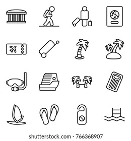Thin line icon set : airport building, tourist, passenger, passport, ticket, suitcase, palm, island, diving mask, cruise ship, hammock, inflatable mattress, windsurfing, flip flops, do not distrub
