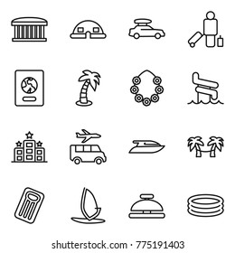 Thin line icon set : airport building, dome house, car baggage, passenger, passport, palm, hawaiian wreath, aquapark, hotel, transfer, yacht, hammock, inflatable mattress, windsurfing, service bell