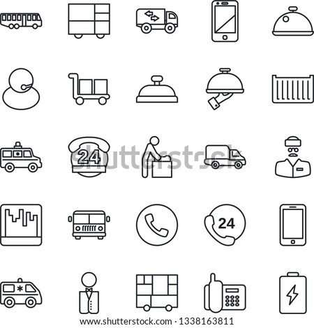 Thin Line Icon Set - airport bus vector, phone, baby room, mobile, ambulance car, doctor, office, 24 hours, support, cargo container, delivery, consolidated, cell, scanner, moving, waiter, dish