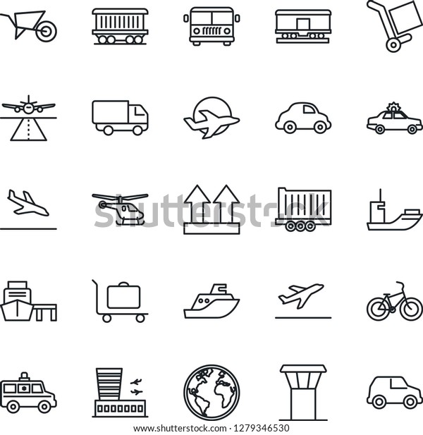 Thin Line Icon Set - airport tower vector, runway,
departure, arrival, baggage trolley, bus, alarm car, helicopter,
building, wheelbarrow, ambulance, bike, earth, railroad, plane, sea
shipping, port