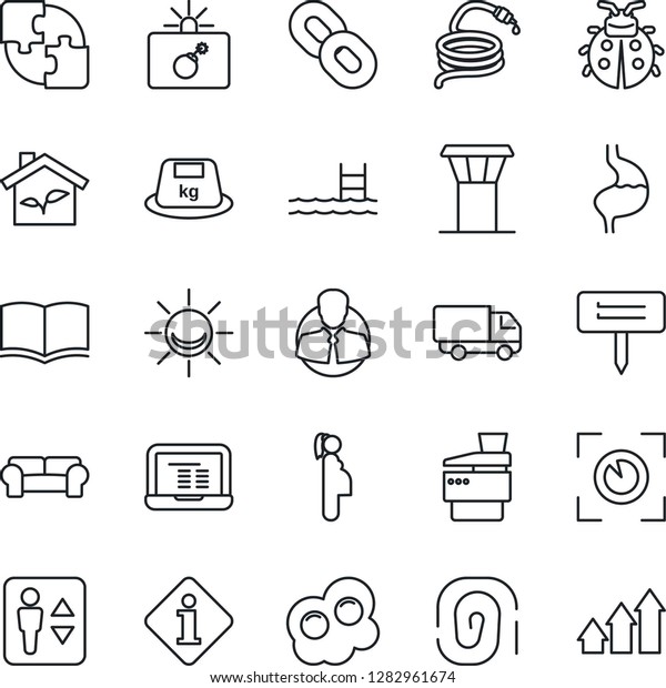 Thin Line Icon Set - airport tower vector, elevator,\
bomb in case, book, notebook pc, lady bug, hose, plant label,\
stomach, pregnancy, client, car delivery, heavy, chain,\
application, copier, pool