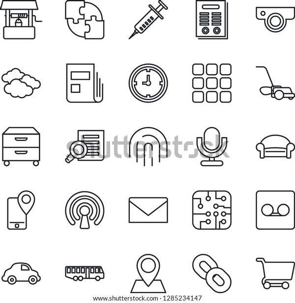 Thin Line Icon Set - airport bus vector, waiting
area, clouds, mail, document search, lawn mower, well, syringe,
pin, mobile tracking, car delivery, clock, microphone, chain, menu,
record, news