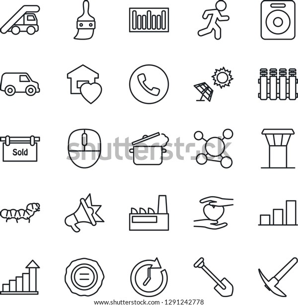 Thin Line Icon Set - airport tower vector, phone,
ladder car, growth statistic, mouse, job, stamp, caterpillar, run,
heart hand, molecule, barcode, speaker, themes, bar graph, sold
signboard, clock