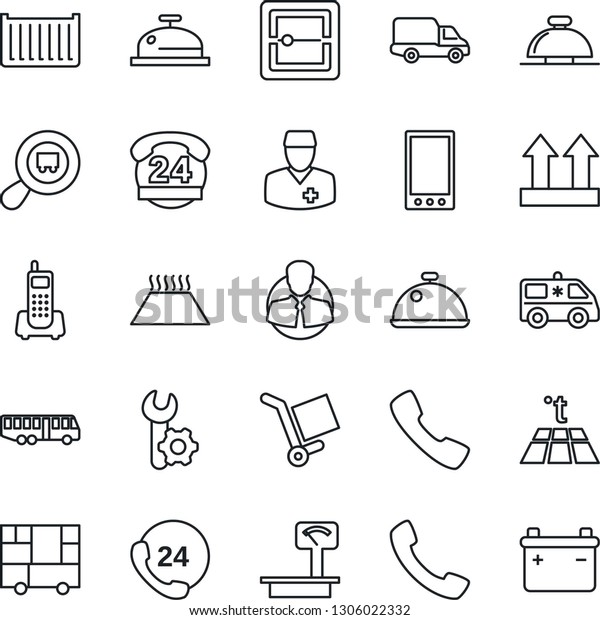 Thin Line Icon Set - airport bus vector, reception
bell, ambulance car, doctor, office phone, 24 hours, client, cargo
container, delivery, consolidated, up side sign, heavy scales,
search, mobile