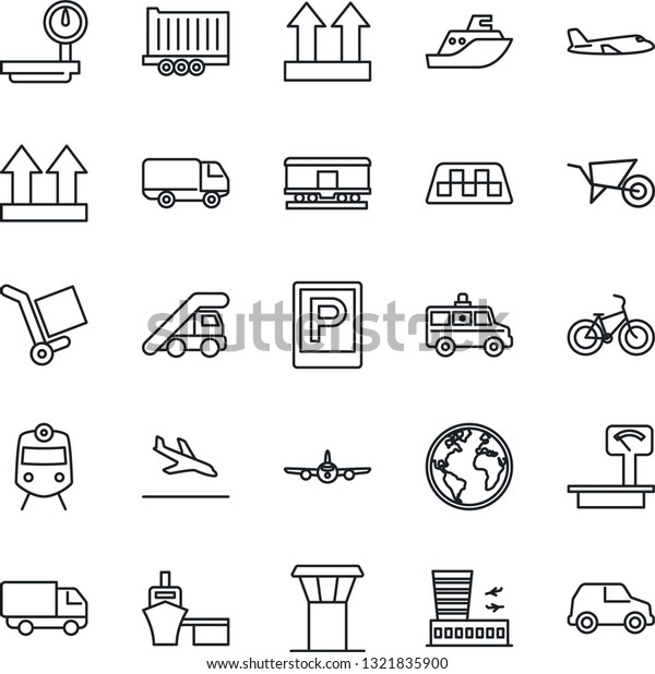 Thin Line Icon Set - airport tower vector, taxi,\
arrival, parking, train, ladder car, plane, building, wheelbarrow,\
ambulance, bike, earth, sea shipping, truck trailer, delivery,\
port, cargo