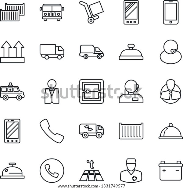 Thin Line Icon Set - airport bus vector, phone,\
mobile, ambulance car, doctor, support, client, cargo container,\
delivery, up side sign, call, scanner, moving, waiter, dish,\
reception, warm floor