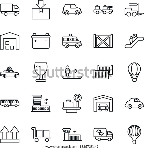 Thin Line Icon Set - airport bus vector,\
escalator, alarm car, fork loader, baggage larry, luggage scales,\
building, ambulance, cargo container, delivery, fragile, up side\
sign, package, garage