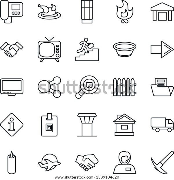 Thin Line Icon Set - airport tower vector, right\
arrow, fence, fire, house, plane, support, car delivery, warehouse,\
search cargo, tv, monitor, document folder, identity card,\
handshake, drink, bowl