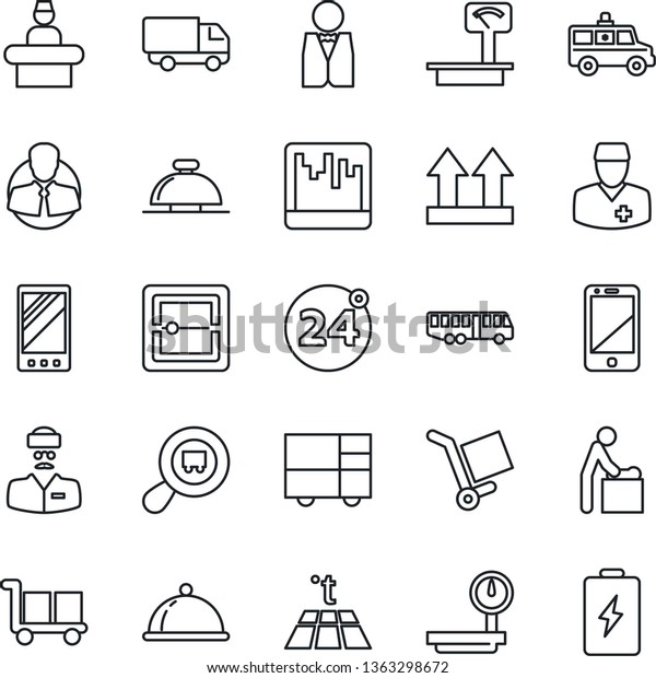 Thin Line Icon Set - airport bus vector, 24\
around, reception bell, baby room, ambulance car, doctor, client,\
delivery, consolidated cargo, up side sign, heavy scales, search,\
cell phone, mobile