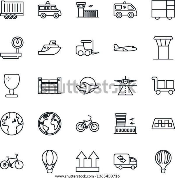 Thin Line Icon Set - airport tower vector, runway,\
taxi, fork loader, plane, building, ambulance car, bike, earth, sea\
shipping, truck trailer, container, consolidated cargo, fragile, up\
side sign