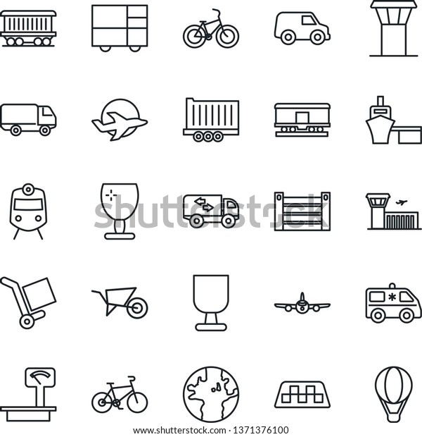 Thin Line Icon Set - airport tower vector, taxi,\
train, plane, building, wheelbarrow, ambulance car, bike, earth,\
railroad, truck trailer, delivery, sea port, container,\
consolidated cargo,\
fragile