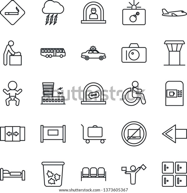 Thin Line Icon Set - airport tower vector,\
dispatcher, fence, baggage trolley, bus, coffee machine, automatic\
door, no laptop, smoking place, trash bin, waiting area, alarm car,\
bomb in case, baby