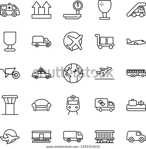 Thin Line Icon Set - airport tower vector,\
departure, baggage conveyor, bus, train, waiting area, alarm car,\
ladder, plane, wheelbarrow, ambulance, earth, railroad, delivery,\
fragile, cargo, moving