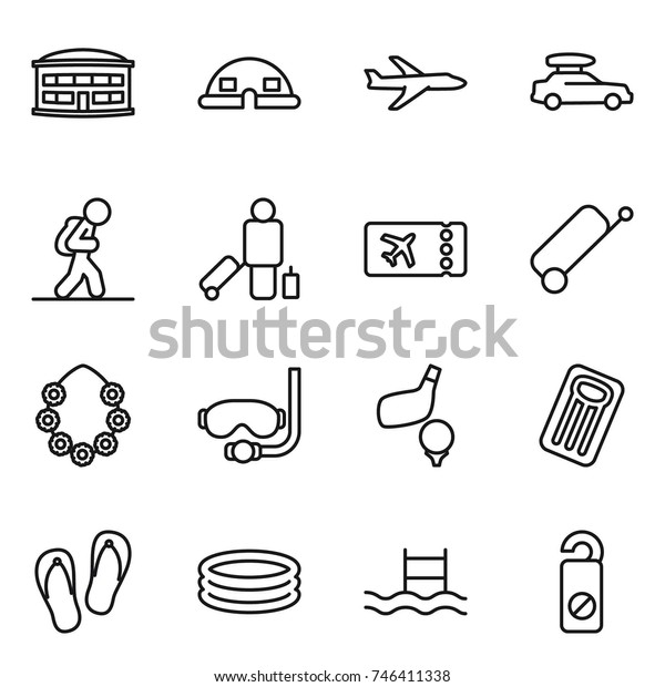 thin line icon set : airport building, dome
house, plane, car baggage, tourist, passenger, ticket, suitcase,
hawaiian wreath, diving mask, golf, inflatable mattress, flip
flops, pool, do not
distrub