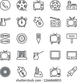 Thin Line Icon Set - alarm clock vector, phone, tv, abacus, stamp, plant label, reel, vinyl, flame disk, radio, office, open close, turkish coffee, rocket