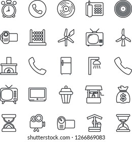 Thin Line Icon Set - alarm clock vector, phone, money bag, well, vinyl, tv, video camera, call, abacus, office, fireplace, outdoor lamp, fridge, windmill, sand