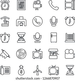 Thin Line Icon Set - alarm clock vector, phone, abacus, well, film frame, vinyl, tv, video camera, microphone, call, office, fireplace, rolling pin, fridge, windmill, money bag, sand