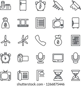 Thin Line Icon Set - alarm clock vector, abacus, money bag, film frame, tv, video camera, microphone, call, office phone, rolling pin, outdoor lamp, fridge, windmill, sand