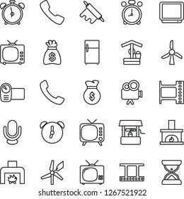 Thin Line Icon Set - alarm clock vector, money bag, well, film frame, tv, video camera, microphone, call, fireplace, rolling pin, fridge, windmill, sand