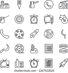 Thin Line Icon Set - alarm clock vector, phone, abacus, stamp, sickle, plant label, reel, vinyl, flame disk, radio, tv, call, office, open close, turkish coffee, rocket