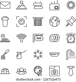 Thin Line Icon Set - alarm clock vector, signpost, shower, flight table, plane globe, mail, garden fork, greenhouse, navigation, earth, paper pin, photo gallery, sold signboard, wireless, plates