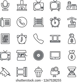 Thin Line Icon Set - alarm clock vector, phone, tv, abacus, money bag, well, film frame, vinyl, video camera, microphone, call, office, fireplace, rolling pin, outdoor lamp, sand