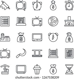 Thin Line Icon Set - alarm clock vector, tv, abacus, money bag, well, sickle, film frame, vinyl, office phone, fireplace, rolling pin, outdoor lamp, sand