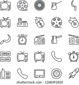 Thin Line Icon Set - alarm clock vector, tv, stamp, sickle, reel, vinyl, flame disk, radio, phone, call, office, open close, turkish coffee, rocket